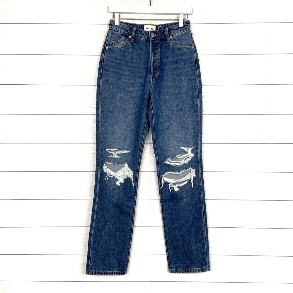 Rollas Classic Straight High Rise Regular 26 Denim Jean Ripped Knee Button Fly